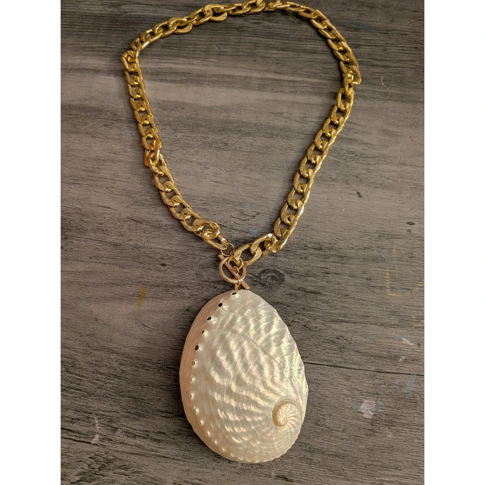 Gold Curb Chain Necklace Large Faux Abalone Shell Pendant Toggle Clasp